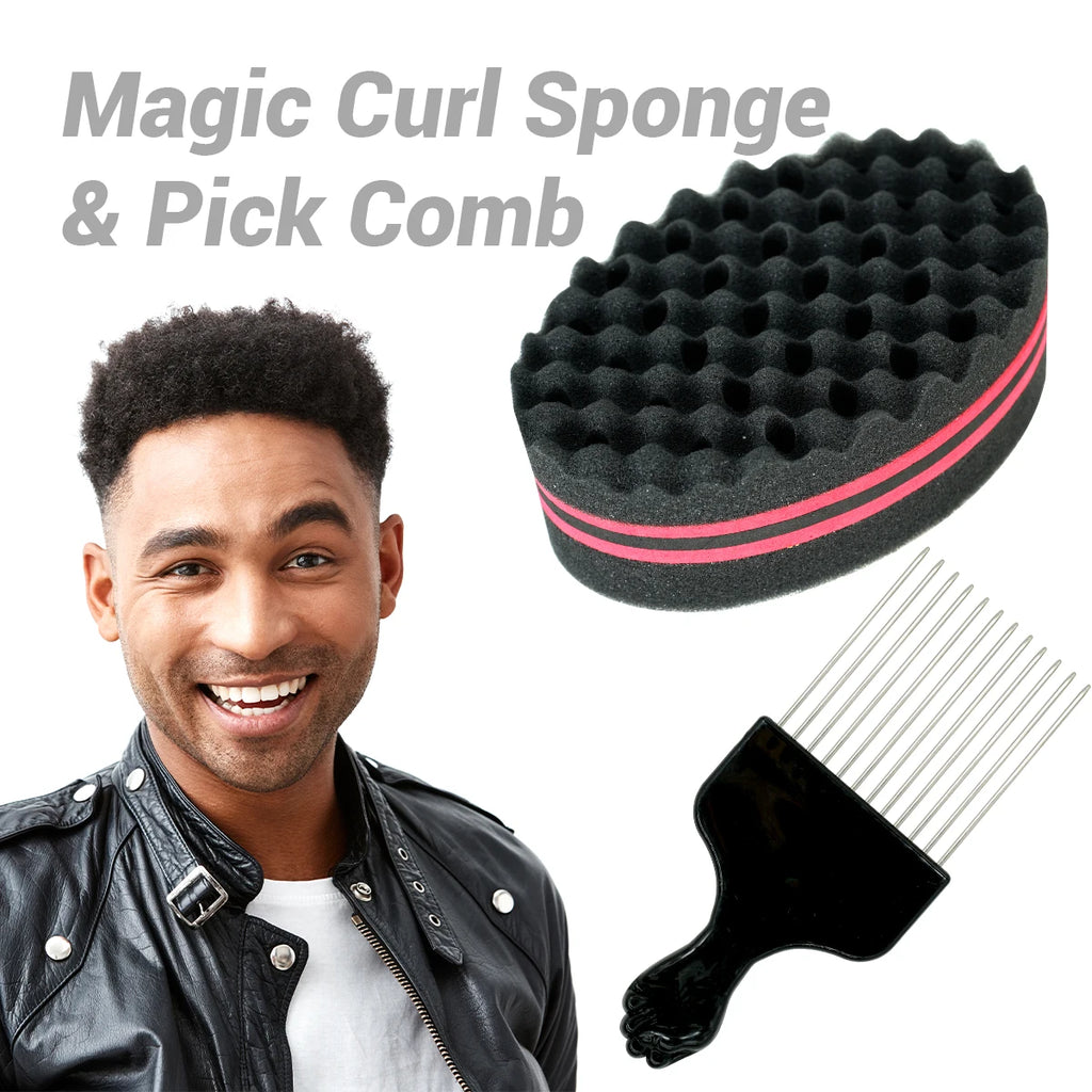 Afro Hair Curl Sponge & Pick Comb Set for Natural Styles